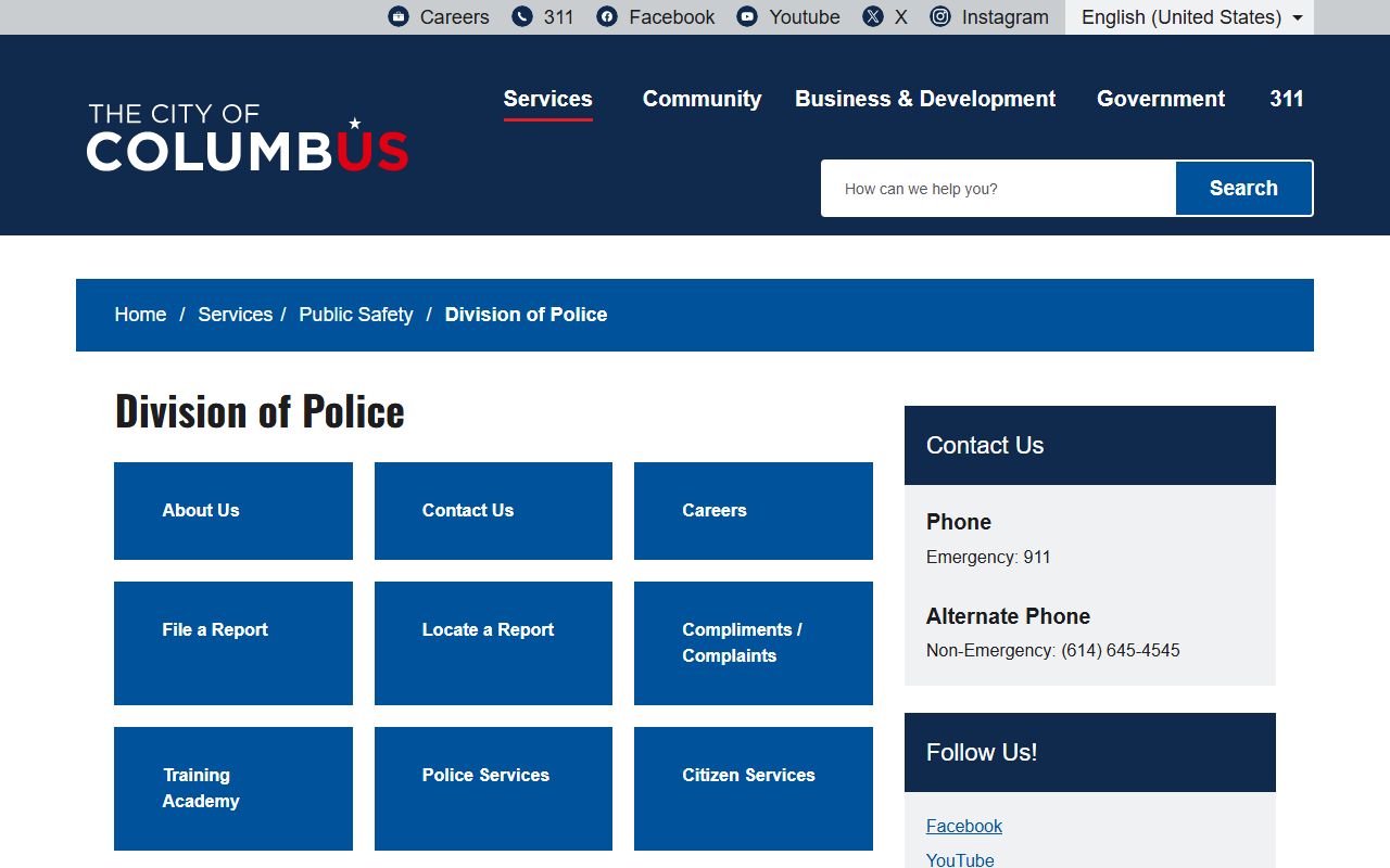 Columbus residents directory Division of Police page